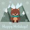 Greeting card with cute brown bear with scarf and mountains on snowy background