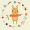 Greeting card with cute bunny, flowers and carrots