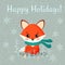 Greeting card with cute fox with scarf and wintee plants on snowy background