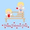 Greeting card with cute isolated romant pair of cupids with a heart and a gift