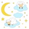 Greeting card cute lambs sleeping vector illustration moon stars clouds