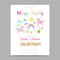 Greeting Card with Cute Magic Unicorns, Rainbow and Flowers. Fantasy Children Poster, Happy Birthday Invitation