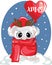 Greeting card with cute mouse with love balloon for Merry Christmas. Funny rat in a hat, scarf, and coat. The character of happy