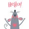 Greeting card with a cute rat. Sweet mouse says hello. Vector illustration