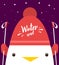 Greeting card with cute in red hat and ski poles. Winter sport.