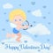 Greeting card with cute romantic cupid with bow and arrow with clouds and hearts