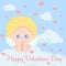 Greeting card with cute romantic cupid boy lying on a cloud