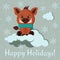 Greeting card with cute wild boar with scarf and winter clouds on snowy background