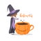 Greeting card. A cute witch near the cup of coffee. Happy Halloween