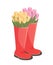 Greeting card with different tulips in rubber boots. Spring or summer vector illustration sketch