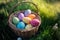 Greeting card for Easter with colorful eggs in wicker basket stands in green grass. Generative Ai