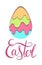 Greeting card with egg carving of paper with paint drops, shadow and Easter lettering