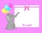 Greeting card with elephant for a girl on Baby Shower. White frame on pink background. Baby shower invitation card with grey eleph