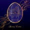 Greeting card with Faberge egg in floral motifs on the dark blue background with dotted curls.