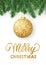 Greeting card with fir tree branches, hanging glitter ball and Merry Christmas text
