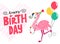 Greeting card with flamingo and lettering Happy birthday.