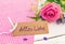 Greeting card with german text, Alles Liebe, means love and pink rose for Valentines or Mothers Day