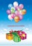 Greeting card with gift boxes, flowers and balloons for a festive event