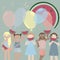 greeting card with girls with balloons and watermelons