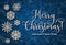 Greeting card with golden text on a blue background. Glitter Merry Christmas and happy new year