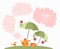 Greeting card Happy birthday. Cute cartoon teapot and teacup with umbrellas and flowers, little bird and pink clouds.