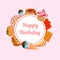 Greeting card happy birthday and holiday on a pink background. A4 format greeting card templates. illustration text can