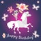 Greeting card Happy birthday with lovely horse, cute raccoon and charming butterflies.