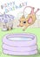 Greeting card `Happy Birthday`. Mouse jumps into an inflatable pool.