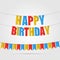 Greeting card happy birthday. Multicolored flags, letters and tapes. Vector.