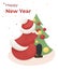 Greeting card with a happy cartoon Santa, Santa decorates the Christmas tree