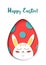 Greeting card with Happy Easter - rabbit and egg. Funny Bunny spring holiday cartoon. Vector cut out paper symbol in