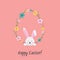 Greeting card with Happy Easter writing. Cute bunny. Ears and tiny muzzle with whiskers.