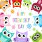 Greeting card with a happy friendship day. Greeting cute cartoon animals owls, cats. Vector illustration