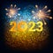 Greeting card Happy New Year 2023. Holiday web banner or billboard with text 2023 on the background of fireworks. Vector