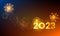 Greeting card Happy New Year 2023. Holiday web banner or billboard with text 2023 on the background of fireworks. Vector