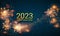 Greeting card Happy New Year 2023. Holiday web banner or billboard with text 2023 on the background of fireworks. Vector