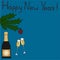 Greeting card happy new year. A bottle champagne and glasses. Christmas tree branch with a glass ball. Sea wave background.