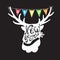 Greeting card Happy New Year. Deer head and colorful flags. G