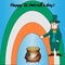 Greeting card for Happy Saint Patrick Day. Leprechaun in a hat tosses a coin with an emblem in the form of clover. Vector.