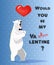 Greeting card Happy Valentine`s Day. Growling and  white bear with heart-shaped balloon full of love and desire.