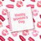 Greeting card Happy Womens Day, card with Seamless, endless background with Print lipstick and kiss print. Background for poster