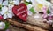 Greeting card with heart and Apple blossoms on wood