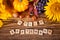 Greeting card with Hello September text. Composition with pumpkin, autumn leaves and berries. Cozy autumn mood concept.