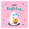 Greeting card with icon of cute mole. Funny animal and sweet cake. Happy Birthday.