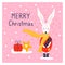 Greeting card with icon of cute rabbit bunny. New year poster. Funny animal and confetti. Merry Christmas.