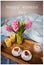 Greeting card International Women`s Day March 8. Surprise, breakfast in bed, two cups of cappuccino with a heart in the middle,