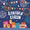 Greeting card, invitation for muslim holiday Ramadan Kareem. Garland of bunting flags, colorful houses, moon, stars and