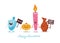 Greeting card for jewish holiday of Hanukkah. Funny Hanukkah candle characters holding signs with greetings in Hebrew