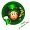 Greeting card with Leprechaun and green beer and gold coins