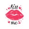 Greeting card with lips. Lipstick kiss print and lettering text for valentines day, passion and romance symbol, womans